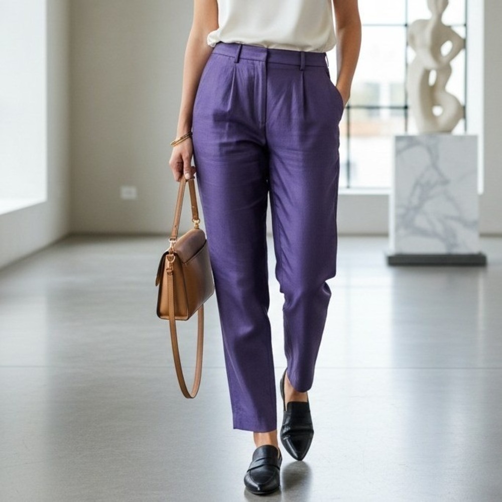 Carlisle 100% Silk Dress Pants Straight Leg Purple Side Zip 10‎ Quiet Luxury